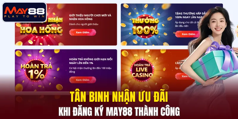 Tân binh nhận ưu đãi khi đăng ký MAY88 thành công